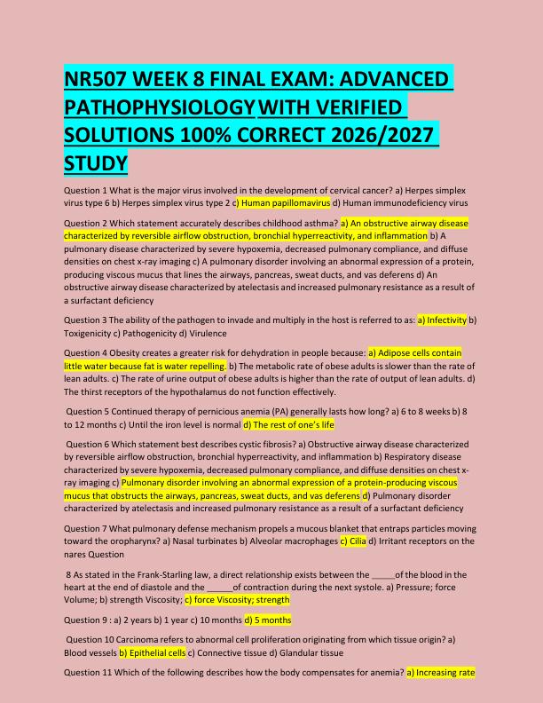 NR507 WEEK 8 FINAL EXAM: ADVANCED  PATHOPHYSIOLOGY  WITH VERIFIED  SOLUTIONS 100% CORRECT 2026/2027  STUDY