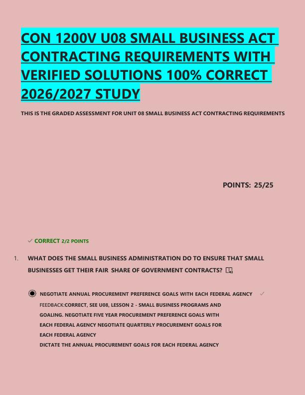 CON 1200V U08 SMALL BUSINESS ACT  CONTRACTING REQUIREMENTS WITH  VERIFIED SOLUTIONS 100% CORRECT  2026/2027 STUDY