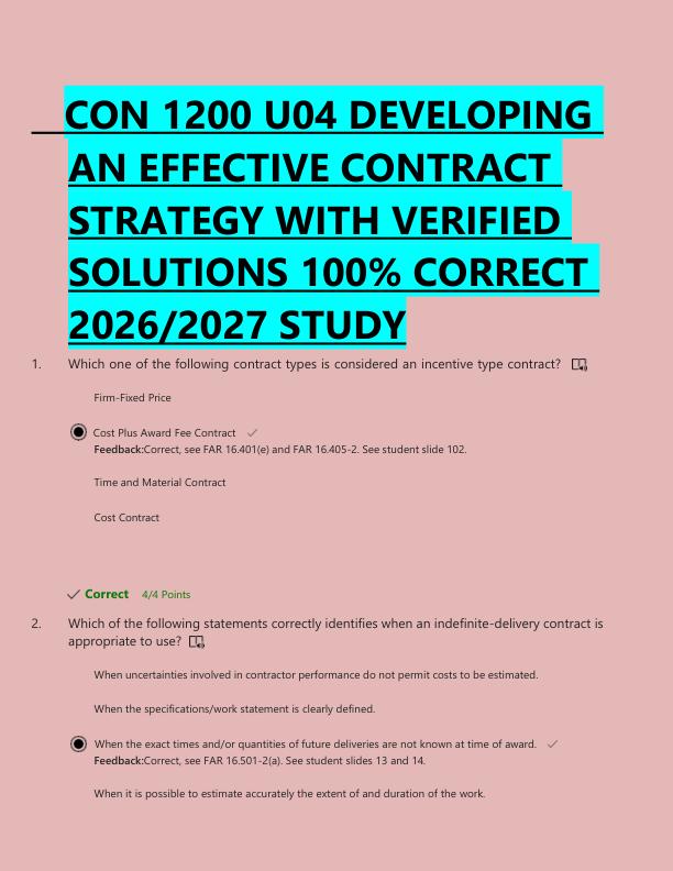 CON 1200 U04 DEVELOPING  AN EFFECTIVE CONTRACT  STRATEGY WITH VERIFIED  SOLUTIONS 100% CORRECT  2026/2027 STUDY 