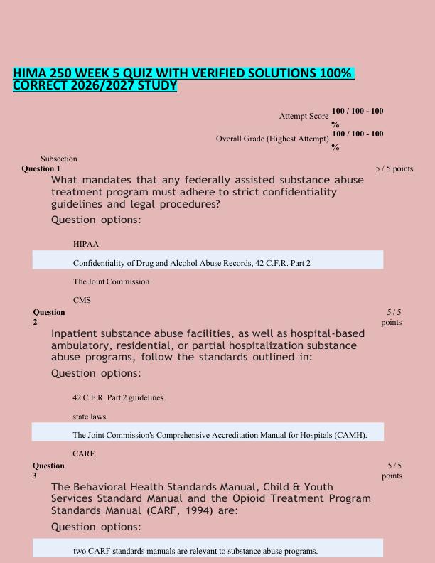 HIMA 250 WEEK 5 QUIZ WITH VERIFIED SOLUTIONS 100%  CORRECT 2026/2027 STUDY