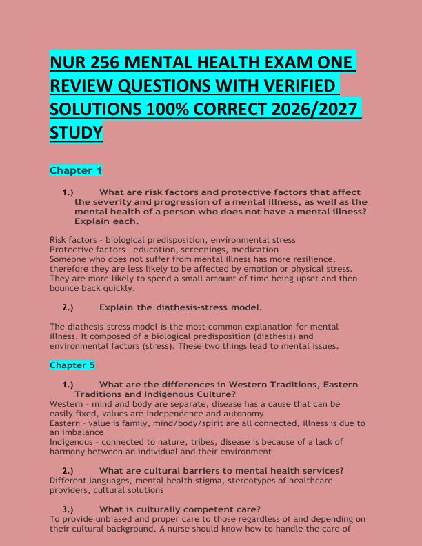 NUR 256 MENTAL HEALTH EXAM ONE  REVIEW QUESTIONS WITH VERIFIED  SOLUTIONS 100% CORRECT 2026/2027  STUDY