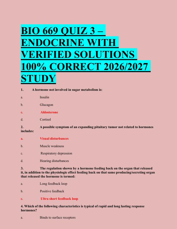BIO 669 QUIZ 3 –  ENDOCRINE WITH  VERIFIED SOLUTIONS  100% CORRECT 2026/2027  STUDY