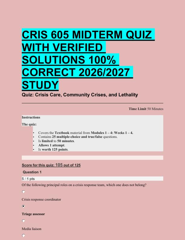 CRIS 605 MIDTERM QUIZ  WITH VERIFIED  SOLUTIONS 100%  CORRECT 2026/2027  STUDY