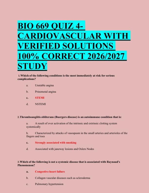 BIO 669 QUIZ 4-  CARDIOVASCULAR WITH  VERIFIED SOLUTIONS  100% CORRECT 2026/2027  STUDY 