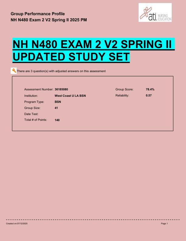 NH N480 EXAM 2 V2 SPRING II  UPDATED STUDY SET