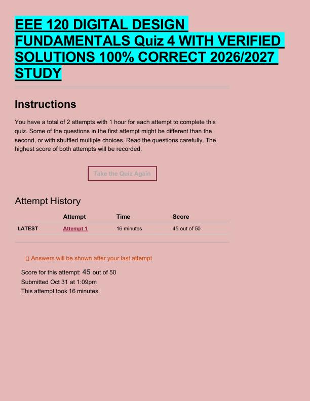 EEE 120 DIGITAL DESIGN  FUNDAMENTALS Quiz 4 WITH VERIFIED  SOLUTIONS 100% CORRECT 2026/2027  STUDY 