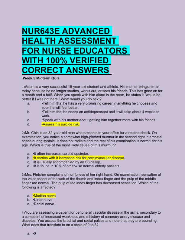 NUR643E ADVANCED  HEALTH ASSESSMENT  FOR NURSE EDUCATORS  WITH 100% VERIFIED  CORRECT ANSWERS