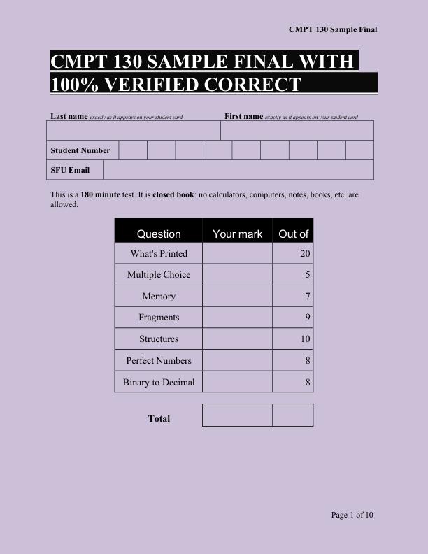 CMPT 130 SAMPLE FINAL WITH  100% VERIFIED CORRECT 