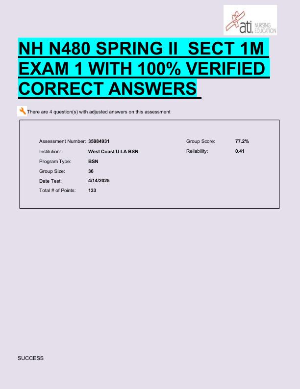 NH N480 SPRING II  SECT 1M  EXAM 1 WITH 100% VERIFIED  CORRECT ANSWERS 