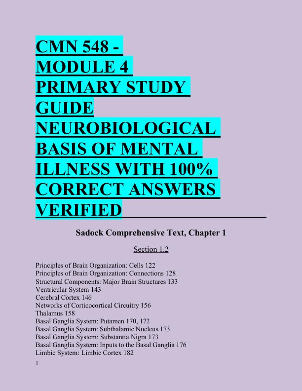 CMN 548 -  MODULE 4  PRIMARY STUDY  GUIDE  NEUROBIOLOGICAL  BASIS OF MENTAL  ILLNESS WITH 100%  CORRECT ANSWERS  VERIFIED  
