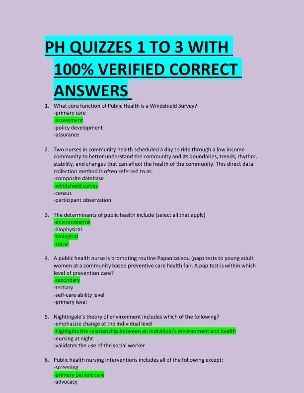 PH QUIZZES 1 TO 3 WITH  100% VERIFIED CORRECT  ANSWERS