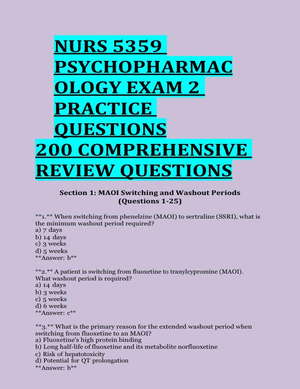 NURS 5359  PSYCHOPHARMAC OLOGY EXAM 2  PRACTICE  QUESTIONS  200 COMPREHENSIVE  REVIEW QUESTIONS