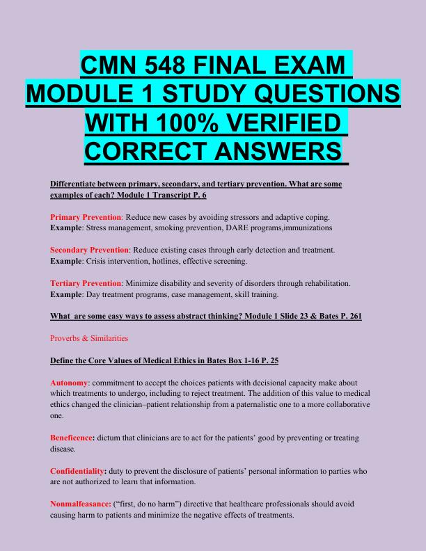 CMN 548 FINAL EXAM  MODULE 1 STUDY QUESTIONS  WITH 100% VERIFIED  CORRECT ANSWERS