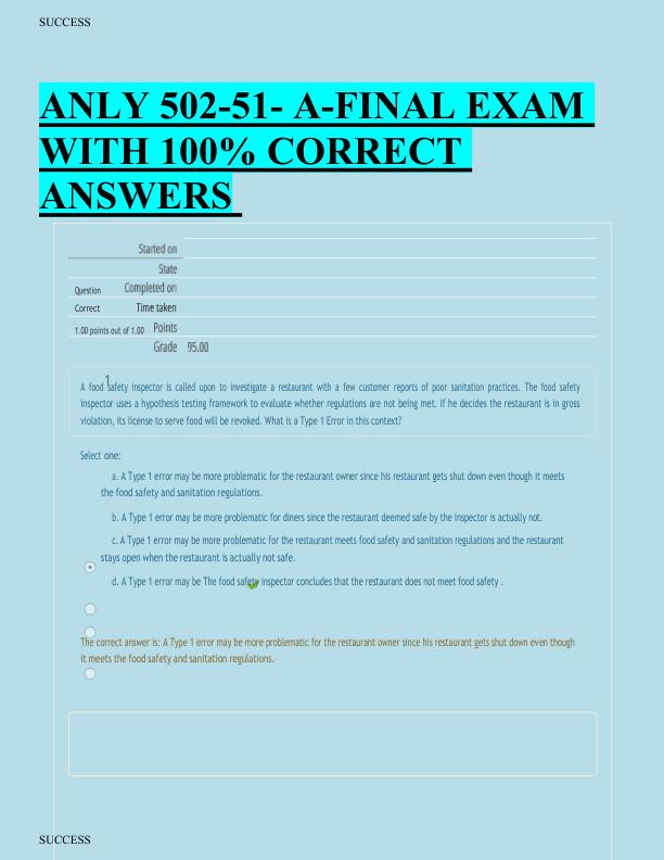 ANLY 502-51- A-FINAL EXAM  WITH 100% CORRECT  ANSWERS