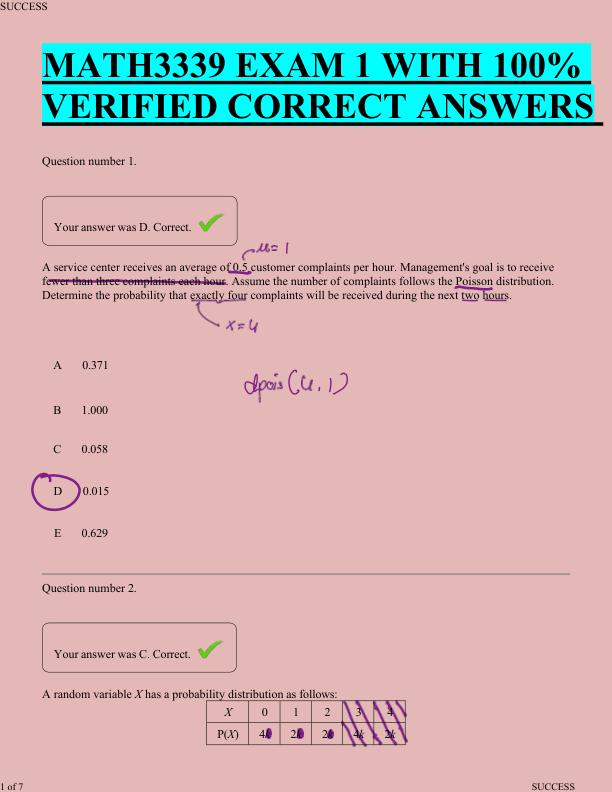   MATH3339 EXAM 1 WITH 100%  VERIFIED CORRECT ANSWERS 