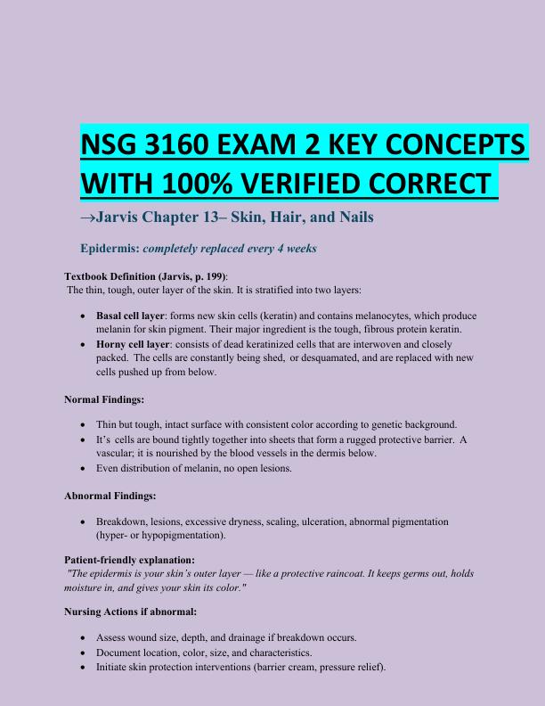 NSG 3160 EXAM 2 KEY CONCEPTS  WITH 100% VERIFIED CORRECT