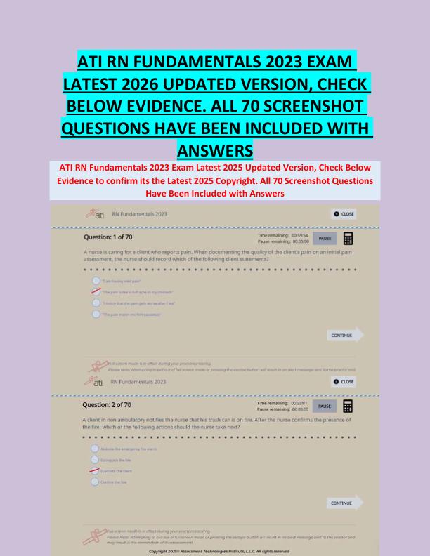 ATI RN FUNDAMENTALS 2023 EXAM  LATEST 2026 UPDATED VERSION, CHECK  BELOW EVIDENCE. ALL 70 SCREENSHOT  QUESTIONS HAVE BEEN INCLUDED WITH  ANSWERS