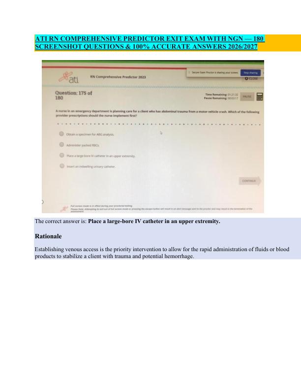 ATI RN COMPREHENSIVE PREDICTOR EXIT EXAM WITH NGN — 180  SCREENSHOT QUESTIONS & 100% ACCURATE ANSWERS 2026/2027 
