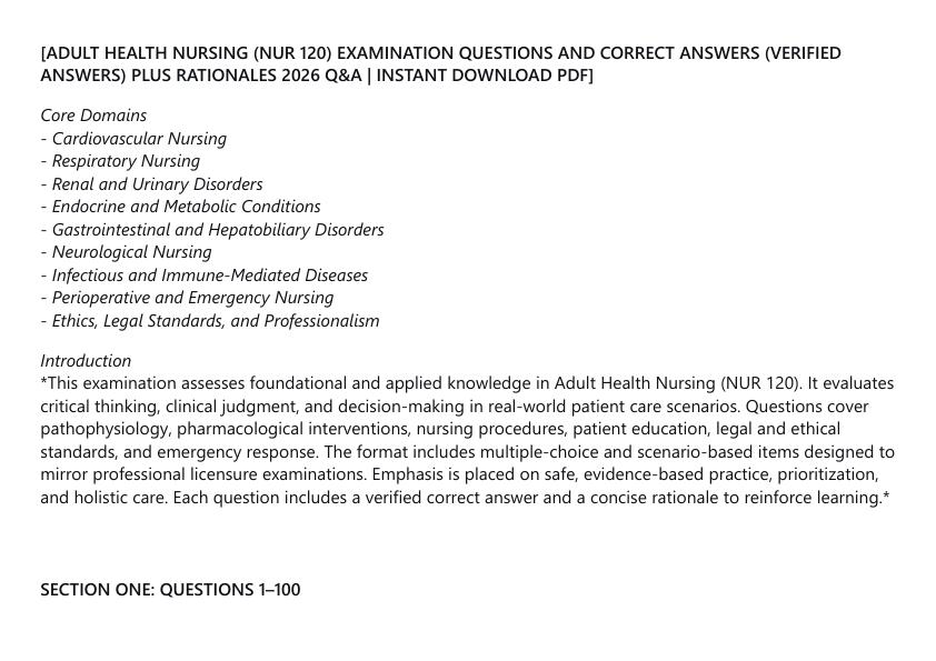 [ADULT HEALTH NURSING (NUR 120) EXAMINATION QUESTIONS AND CORRECT ANSWERS (VERIFIED