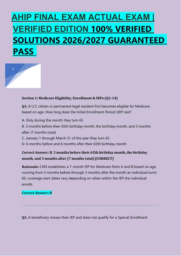 AHIP FINAL EXAM ACTUAL EXAM |  VERIFIED EDITION 100% VERIFIED  SOLUTIONS 2026/2027 GUARANTEED  PASS  