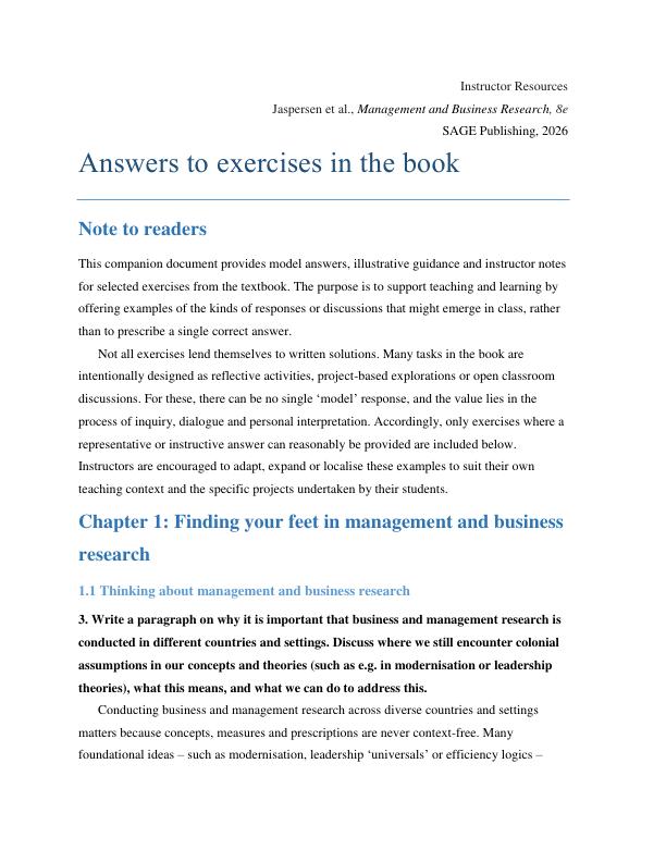 Solution Manual for Management and Business Research Eighth Edition Lena J. Jaspersen, Richard Thorpe, Danat Valizade