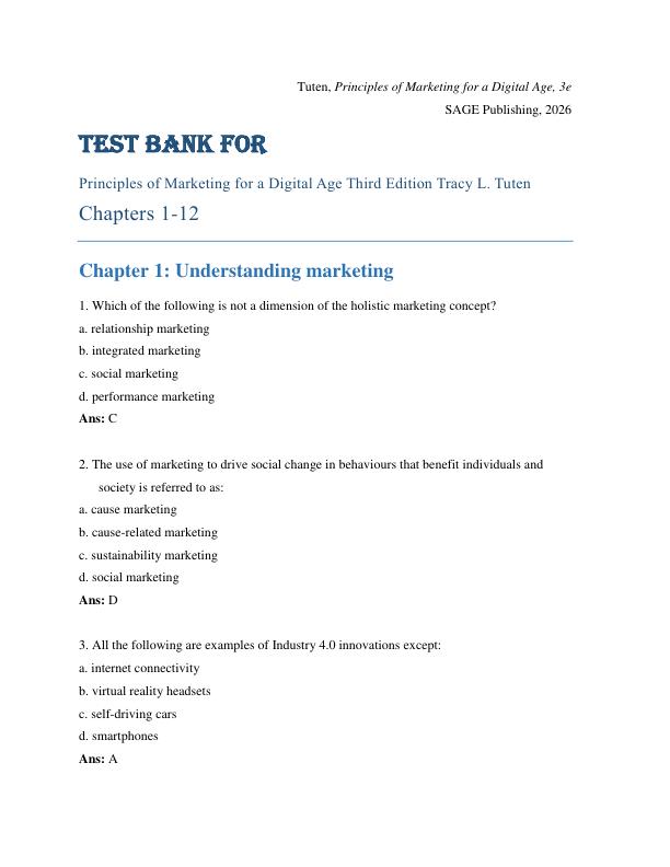 Test Bank for Principles of Marketing for a Digital Age Third Edition Tracy L. Tuten Chapters 1-12