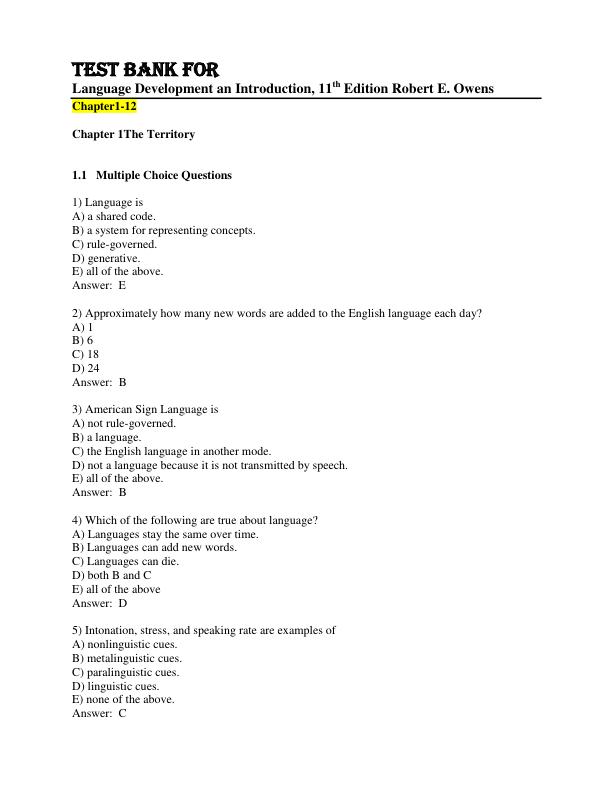 Test Bank for Language Development An Introduction, 11th edition Robert E. Owens