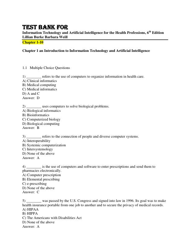 Test Bank for Information Technology and Artificial Intelligence for the Health Professions, 6th edition Lillian Burke  Barbara Weill