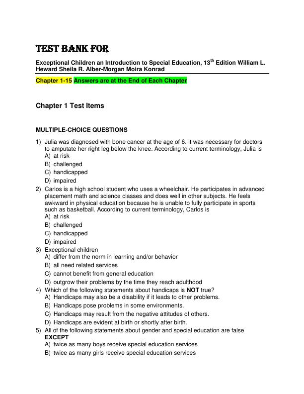 Test Bank for Exceptional Children An Introduction to Special Education, 13th edition William L. Heward  Sheila R. Alber-Morgan  Moira Konrad