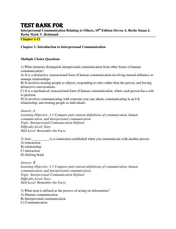 Test Bank for Interpersonal Communication Relating to Others, 10th edition Steven A. Beebe  Susan J. Beebe  Mark V. Redmond 