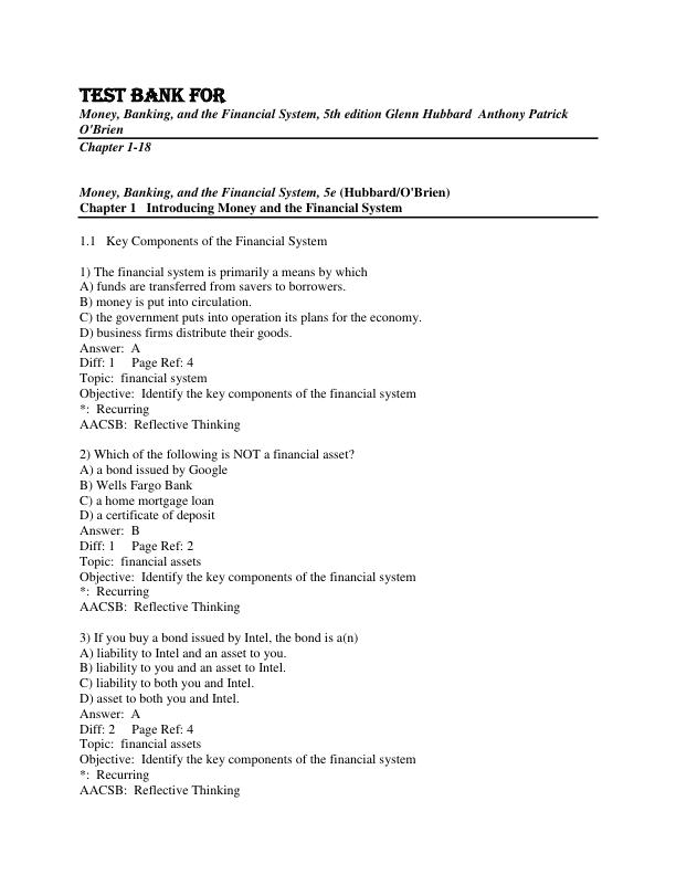 Test Bank for Money, Banking, and the Financial System, 5th edition Glenn Hubbard