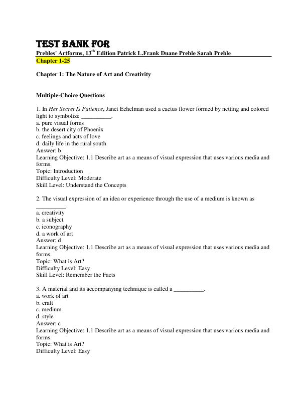 Test bank for Prebles' Artforms, 13th edition Patrick L. Frank  Duane Preble  Sarah Preble
