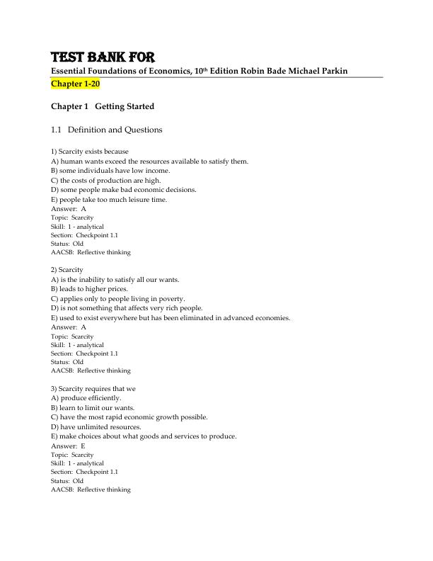 Test Bank for Essential Foundations of Economics, 10th edition by Robin Bade  Michael Parkin