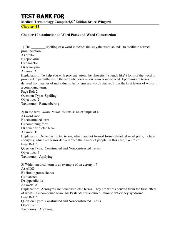 Test Bank for Medical Terminology Complete!, 5th edition Bruce Wingerd Chapter 1-15