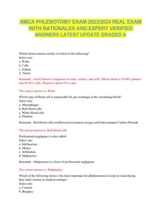 AMCA PHLEBOTOMY EXAM 2023 2024 REAL EXAM WITH RATIONALES AND EXPERT VERIFIED ANSWERS LATEST UPDATE GRADED A