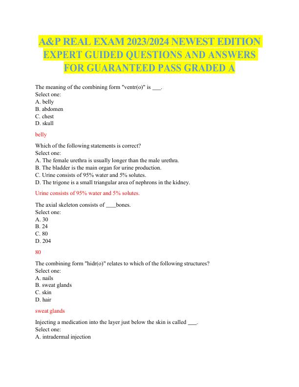 A&P REAL EXAM 20232024 NEWEST EDITION EXPERT GUIDED QUESTIONS AND ANSWERS FOR GUARANTEED PASS GRADED A