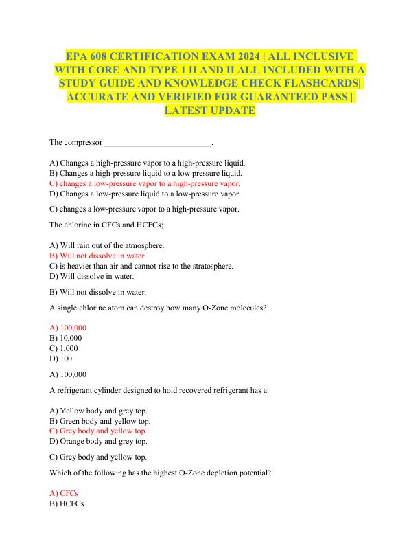 EPA 608 CERTIFICATION EXAM 2024 ALL INCLUSIVE WITH CORE AND TYPE 1 II AND II ALL INCLUDED WITH A STUDY GUIDE AND KNOWLEDGE CHECK FLASHCARDS ACCURATE AND VERIFIED FOR GUARANTEED PASS LATEST UPDATE