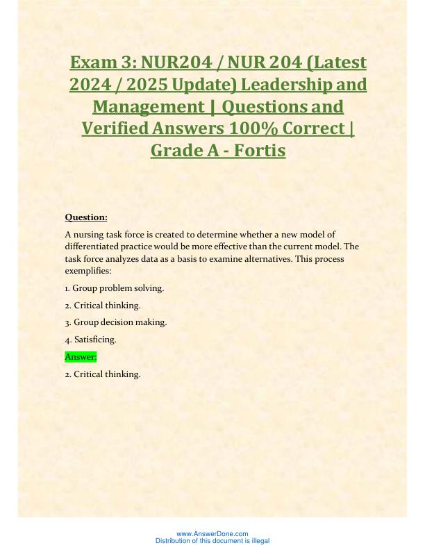 Exam 3 NUR204 NUR 204 (Latest 2024 2025 Update) Leadership and Management Questions and Verified Answers 100% Correct Grade A - Fortis