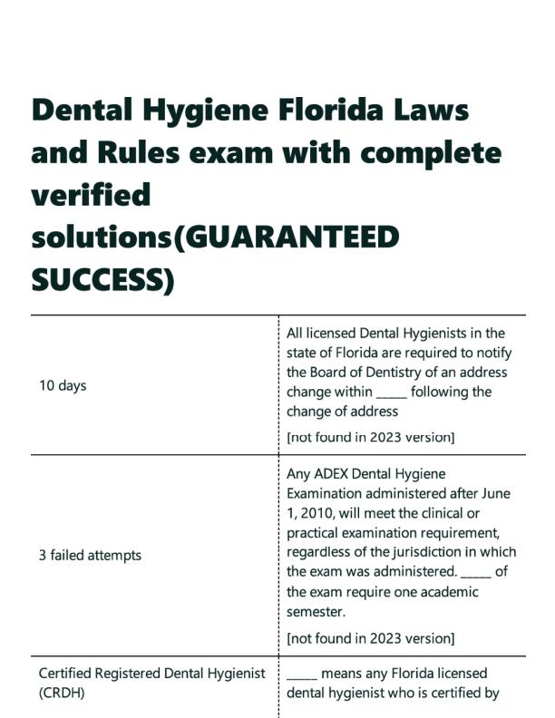 Dental Hygiene Florida Laws and Rules exam with complete verified solutions GUARANTEED SUCCESS