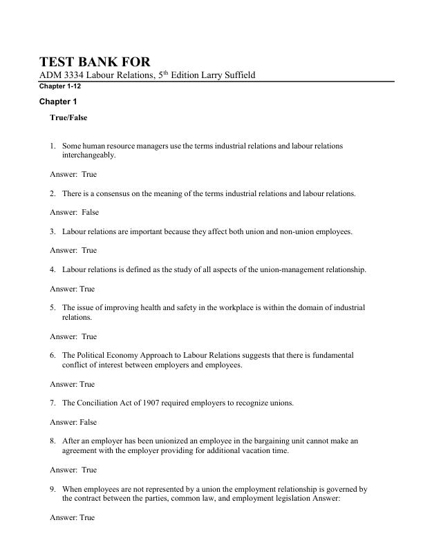 Test Bank For ADM 3334 Labour Relations, 5th Edition Larry Suffield Chapter 1-12 Conplete100% Guide A+