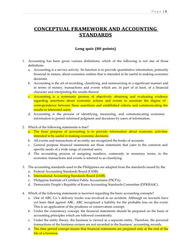 Conceptual Framework and Accounting Standards Test Bank long Quiz