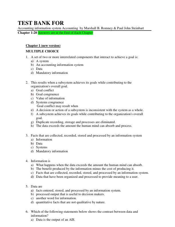Accounting Information Systems Test Bank by Romney & Steinbart | Chapters 1-20 | Complete Exam Questions & Answers A+ Study Guide