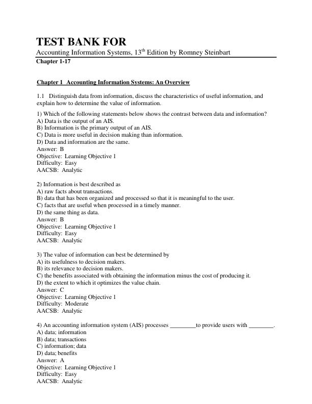 Accounting Information Systems 13th Edition Test Bank by Romney & Steinbart | Chapters 1-17 Complete Questions & Answers A+ Exam Study Guide
