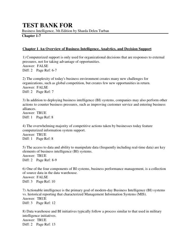 Business Intelligence 3rd Edition Test Bank by Sharda, Delen & Turban | Chapters 1-7 Complete Questions & Answers A+ Exam Prep Guide