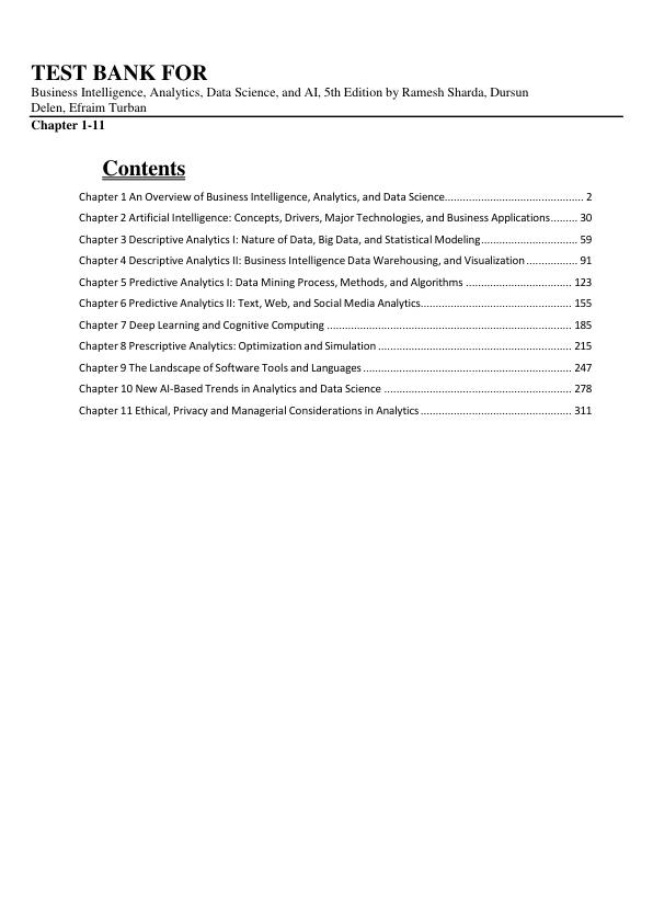 Business Intelligence, Analytics, Data Science, and AI 5th Edition Test Bank by Sharda, Delen & Turban | Chapters 1-11 Complete Questions & Answers | A+ Exam Prep Guide