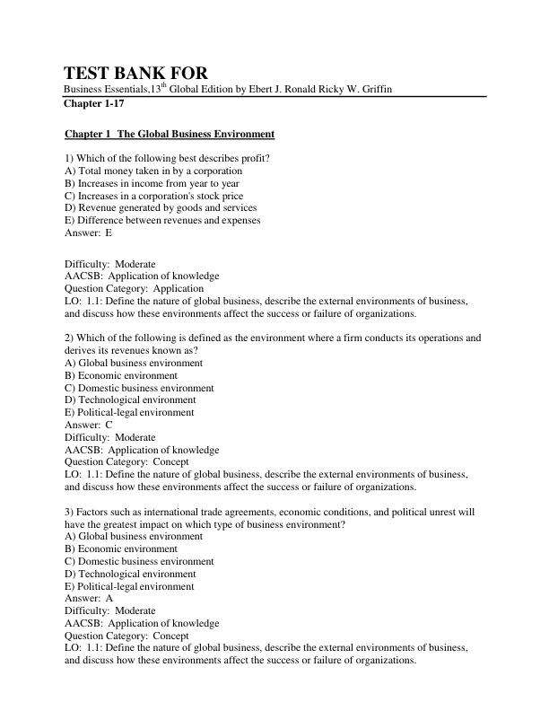 Business Essentials 13th Global Edition Test Bank by Ronald J. Ebert & Ricky W. Griffin Chapters 1-17 Complete Questions & Answers A+ Exam Prep Guide