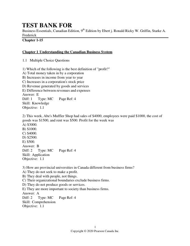 Business Essentials 9th Canadian Edition Test Bank by Ebert, Griffin & Starke | Chapters 1-15 Complete Questions & Answers A+ Exam Prep Guide