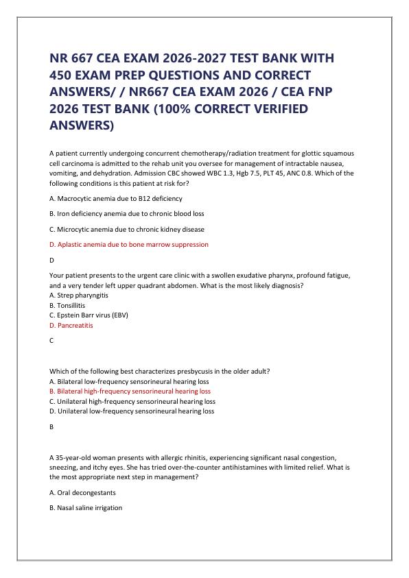 NR 667 CEA EXAM 2026-2027 TEST BANK WITH 450 EXAM PREP QUESTIONS AND CORRECT ANSWERS/ / NR667 CEA EXAM 2026 / CEA FNP 2026 TEST BANK (100% CORRECT VERIFIED ANSWERS) 