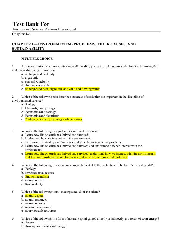 Environmental Science Midterm (International) Test Bank Chapters 1–5 (Complete Coverage) Questions & Answers A+ Exam Prep Guide