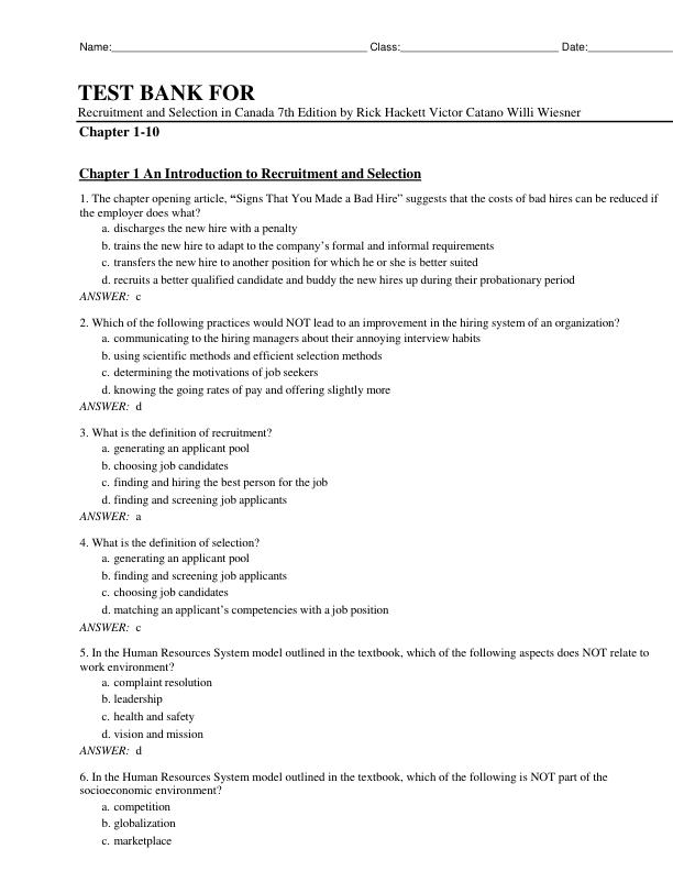 Test Bank for Recruitment and Selection in Canada, 7th Edition by Rick Hackett, Victor Catano & Willi Wiesner | Complete Chapters 1-10 | Exam Questions & Answers